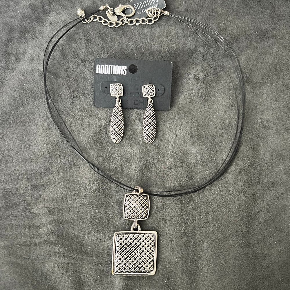 Chico's Silver Weave Necklace Black Cord Chain WITH Matching Earring Set NWT